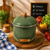 Alev Emaye Emaye Bakraç Tencere | Krem Iç Hazneli, Kapaklı, Ahşap Saplı Dekoratif Saklama Kabı | Pastel Renk - Yeşil - 20 cm