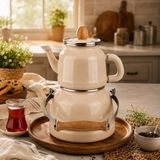 Alev Emaye Nostalji 2'li Çaydanlık Seti 1,1 L Demlik 2,5 L Suluk Emaye Çaydanlık - Bej