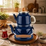 Alev Emaye Nostalji 2'li Çaydanlık Seti 1,1 L Demlik 2,5 L Suluk Emaye Çaydanlık - Lacivert