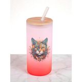 Alevli Kedi Baskılı 600 ml Cam Matara- Su Matarası, Suluk Matara, Cam Pipetli Matara