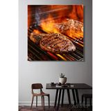 Alevli Mangalda Izgara Yapılan Kemikli Antrikot (Ribeye Steak) Parçaları Kare Kanvas Tablo Tekli 3766