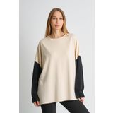 ALEXANDERGARDI Fırfırlı Kol Detaylı Garnili Renk Bloklu Kadın Sweatshirt BEJ S