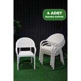 Alezy Bambu Plastik Bahçe Balkon Rattan Desenli Kollu Koltuk 4 Adet Beyaz