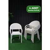 Alezy Bambu Plastik Bahçe Balkon Rattan Desenli Kollu Koltuk 4 Adet Beyaz