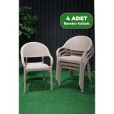 Alezy Bambu Plastik Rattan Desenli Kollu Bahçe Balkon Koltuk 4 Adet Krem