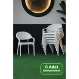 Alezy Bambu Plastik Rattan Desenli Kollu Bahçe Balkon Koltuk 6 Adet Beyaz