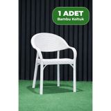 Alezy Bambu Plastik Rattan Desenli Kollu İstiflenebilir Tekli Balkon Bahçe Koltuk Beyaz