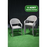 Alezy Bambu Plastik Rattan Görünümlü Kollu Koltuk 4 Adet Gri
