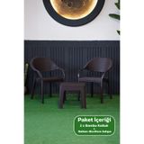 Alezy Bambu Plastik Rattan Görünümlü Sehpalı Set 2 Adet Koltuk + 45 cm Sehpalı Sandalye Seti Kahverengi