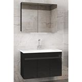 Alfa Banyo Siyah 80 Cm Mdf-Ayna Dolaplı Banyo Dolabı-Seramik Lavabolu Banyo Dolabı Beyaz