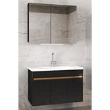 Alfa Banyo Siyah 80 Cm Mdf-Banyo Dolabı-Seramik Lavabolu Ayna Dolaplı, Banyo Dolabı Takımı