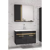 Alfa Banyo Yeni Gold Siyah 65 cm Aynalı Seramik Lavabolu Banyo Dolabı Takımı