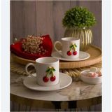Alfafe Home Porselen Kiraz Desenli 4 Parça 2 Kişilik Kahve Fincan Takımı - 001-Renkli