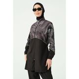 Alfasa Kıl Biye Süslemeli Desenli Fermuarlı Uzun Kollu Tam Kapalı Tesettür Mayo 25267-26 Siyah - 3XL