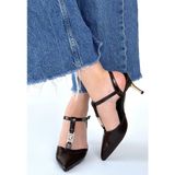 Alfaze Kahverengi Cilt Taş Detaylı T Bant Slingback Gold Topuklu Ayakkabı Topuk Boyu 7,5 cm