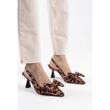 Alfaze Leopar Saten Fiyonklu Sivri Burun Kitten Topuklu Slingback Ayakkabı Topuk Boyu 6,5 cm