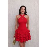 ALFUDO Moda Collection Bordo Çapraz Halter Yaka Katlı Fırfır Detaylı Mini Abiye/Mezuniyet Elbise