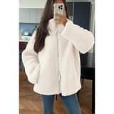 ALFUDO Moda Collection Dik Yakalı Cepli Kadın Peluş Beyaz Mont