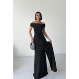 ALFUDO Moda Collection Düşük Omuz Drapeli Simli Siyah Abiye Elbise