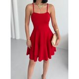 ALFUDO Moda Collection Ince Askılı Eteği Kat Detay Kırmızı Abiye Mezuniyet Elbisesi