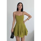 ALFUDO Moda Collection Ince Askılı Eteği Kat Detay Yağ Yeşili Abiye Mezuniyet Elbisesi