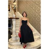 ALFUDO Moda Collection Kadın Askılı Taş İşlemeli Degaje Yaka Fermuarlı Midi Boy Astarlı Mezuniyet Abiye Elbise