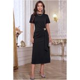 ALFUDO Moda Collection Kadın Bordo Drapeli Gold Broş Detaylı Midi Boy Abiye Mezuniyet Elbisesi