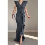 ALFUDO Moda Collection Kadın Gri Scuba Dalgıç Kumaş Kruvaze Yaka Eteği Volanlı Abiye Mezuniyet Nikah Elbise