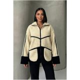 ALFUDO Moda Collection Kadın Krem Siyah Peluş Polar Ceket