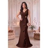 ALFUDO Moda Collection Kadın Kruvaze Yaka Önü Volanlı Gold Taşlı Kahverengi Kadın Abiye Mezuniyet Elbise