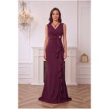 ALFUDO Moda Collection Kadın Kruvaze Yaka Önü Volanlı Gold Taşlı Mürdüm Kadın Abiye Mezuniyet Elbise