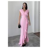 ALFUDO Moda Collection Kadın Pembe Scuba Dalgıç Kumaş Kruvaze Yaka Eteği Volanlı Abiye Mezuniyet Nikah Elbise