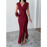 Alfudo Moda Collection Kadın Scuba Dalgıç Kumaş Kruvaze Yaka Eteği Volanlı Abiye Mezuniyet Nikah Elbise - Bordo - XS