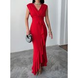 Alfudo Moda Collection Kadın Scuba Dalgıç Kumaş Kruvaze Yaka Eteği Volanlı Abiye Mezuniyet Nikah Elbise - Kırmızı - 3XL