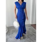 Alfudo Moda Collection Kadın Scuba Dalgıç Kumaş Kruvaze Yaka Eteği Volanlı Abiye Mezuniyet Nikah Elbise - Saks - 2XL