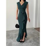 Alfudo Moda Collection Kadın Scuba Dalgıç Kumaş Kruvaze Yaka Eteği Volanlı Abiye Mezuniyet Nikah Elbise - Zümrüt Yeşili - 4XL