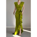 ALFUDO Moda Collection Kadın Scuba Dalgıç Kumaş Kruvaze Yaka Eteği Volanlı Yağ Yeşili Elbise