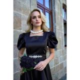 ALFUDO Moda Collection KADIN SİYAH KARE YAKA KEMER TOKASI DETAYLI VICTORIA ABIYE MEZUNIYET ELBİSE