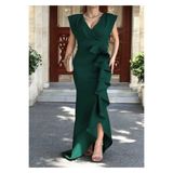 ALFUDO Moda Collection Kadın Zümrüt Scuba Dalgıç Kumaş Kruvaze Yaka Eteği Volanlı Abiye Mezuniyet Nikah Elbise