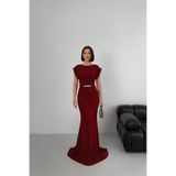 ALFUDO Moda Collection Kısa Kol Volanlı Taş Detaylı Kemerli Uzun Mezuniyet Abiye Elbise