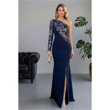 ALFUDO Moda Collection Lacivert Tek Omuz Taş İşlemeli Yırtmaçlı Balık Abiye & Mezuniyet Elbise