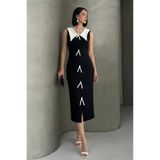 ALFUDO Moda Collection Midi Siyah Beyaz Kolsuz kruvaze Yaka Fiyonk Abiye Elbise