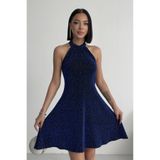 ALFUDO Moda Collection Parıltılı Taş Baskılı Mini Lacivert Abiye Mezuniyet Elbise