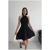 ALFUDO Moda Collection Parıltılı Taş Baskılı Mini Siyah Abiye Mezuniyet Elbise