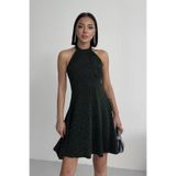 ALFUDO Moda Collection Parıltılı Taş Baskılı Mini Zümrüt Abiye Elbise