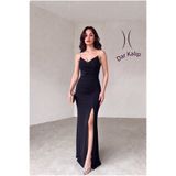 ALFUDO Moda Collection Scuba Kumaş Askı Taş Detay Ince Askılı Yırtmaçlı Abiye Elbise Kırmızı