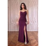 ALFUDO Moda Collection Scuba Kumaş Askı Taş Detay Ince Askılı Yırtmaçlı Abiye Elbise Mürdüm