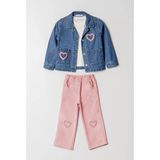 Alg KIZ ÇOCUK KOT CEKET + KETEN PANTOLON + TİŞÖRTLÜ TAKIM 3'LÜ KOMBİN (Bir Beden Büyük Önerilir) - 2 Yaş - Pembe