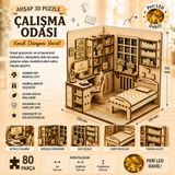 AlgWoodDesign Çalışma Odası Ahşap Maket, 80 Parça DIY Minyatür Çalışma ve Yatak Odası Modeli, Peri LED Dahil, MDF 3D Puzzle, Hobi ve Dekorasyon Seti, 12,6 x 12,6 x 13,5 cm