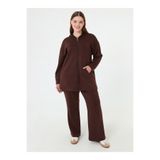 ALİA Fermuarlı Kapuşonlu Spor Sweatshirt&Pantolon Büyük Beden Takım - Kahverengi -